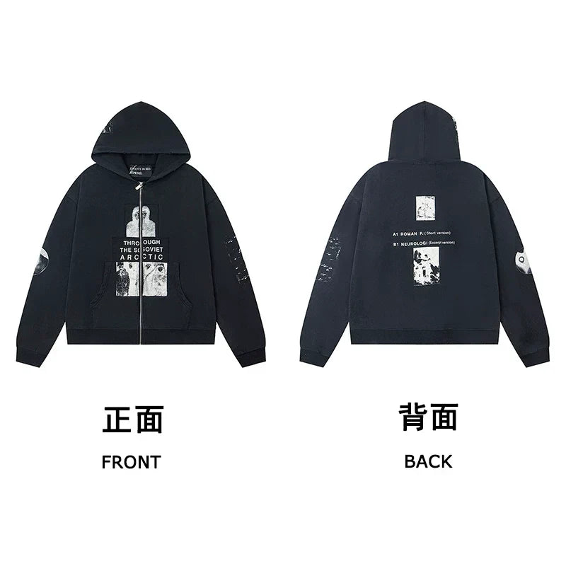 ERD “Soviet Arctic” Graphic Zip-Up Hoodie — Washed Black