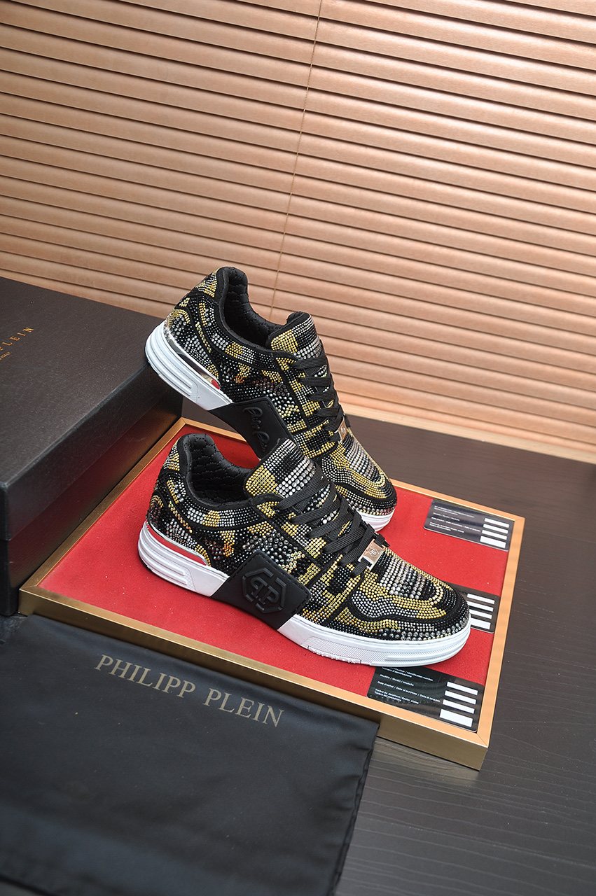 Philipp Plein Black & Gold Patterned Sneakers